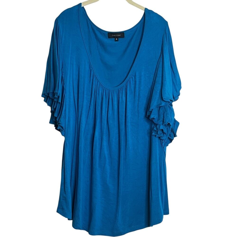 Karen Kane Womens Top 3X Teal Ruffle Flutter Sleeve Scoop Neck Rayon Spandex USA